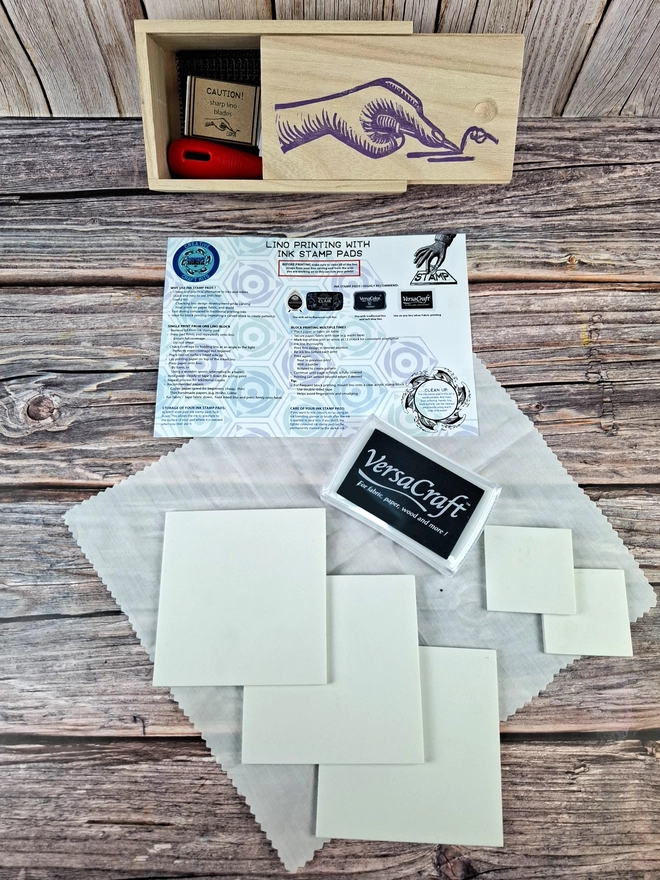 Lino carving and printing on fabric kit using versacraft ink stamp pads