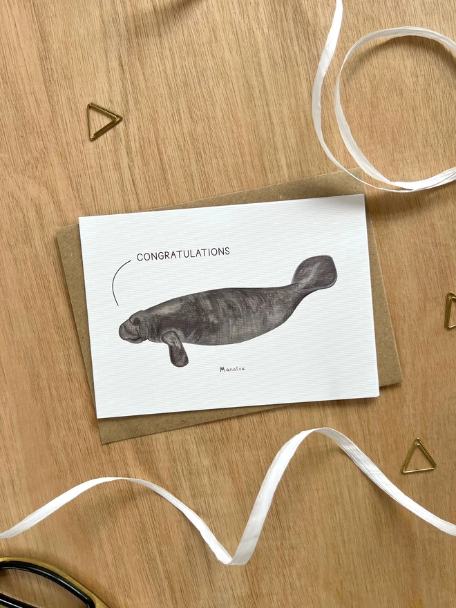 a greetings card featuring an illustration of a dolphin waving its fin with the text “congratulations”
