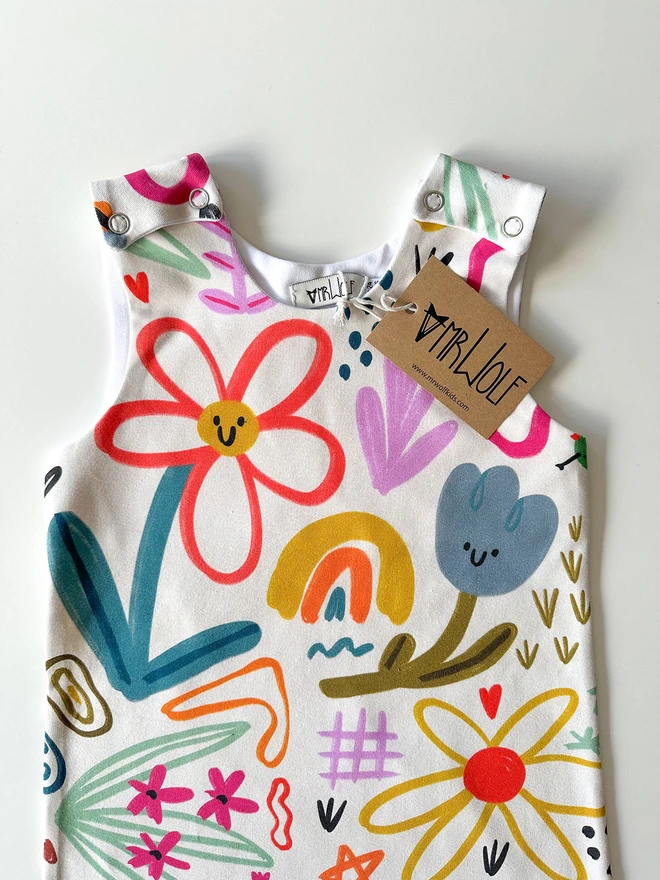 Spring garden print baby romper, colourful bright kids wear