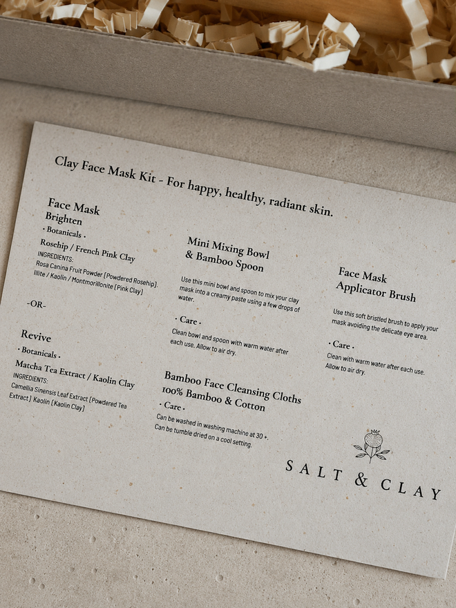 a paper insert detailing all the products in the SALT & CLAY face mask set.
