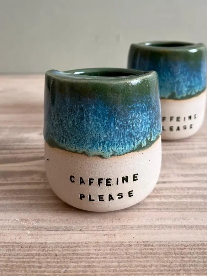 'Caffeine Please' Ceramic Travel Cup Green Granite glaze