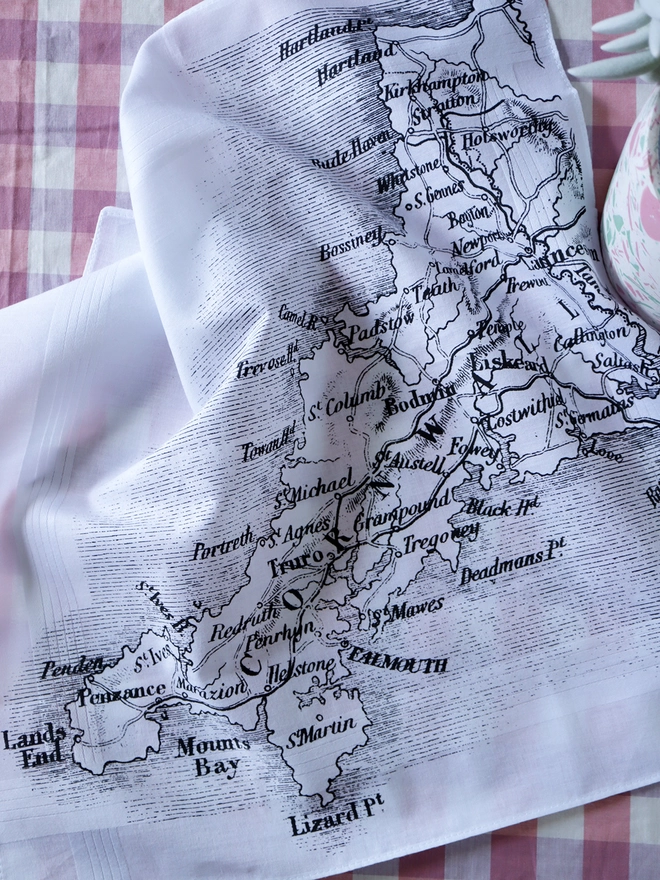 A lifestyle photo of a Mr.PS Cornwall Map hankie printed in black with a plant pot on a gingham tablecloth
