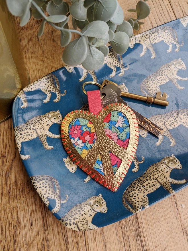 Peace heart keyring in gold faux leather and Liberty of London fabric