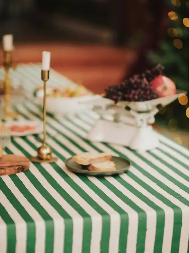 Green Christmas Stripe Tablecloth set for Breakfast