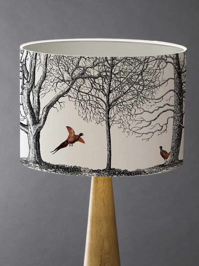 Handmade pheasant lampshade with whimsical woodland illustrations inspired by the British countryside