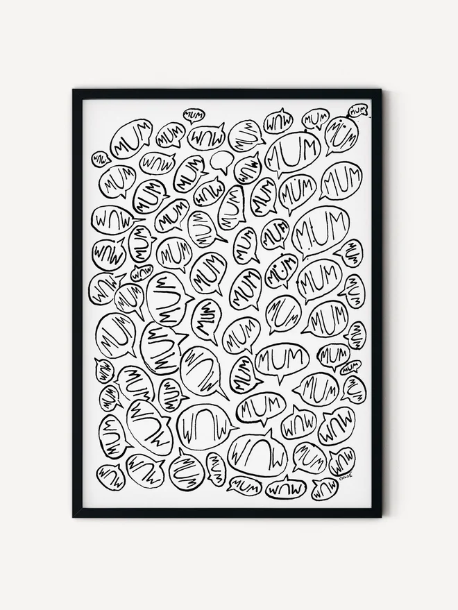 "Mum Mum Mum" artwork handwritten in black ink with messy speech bubbles