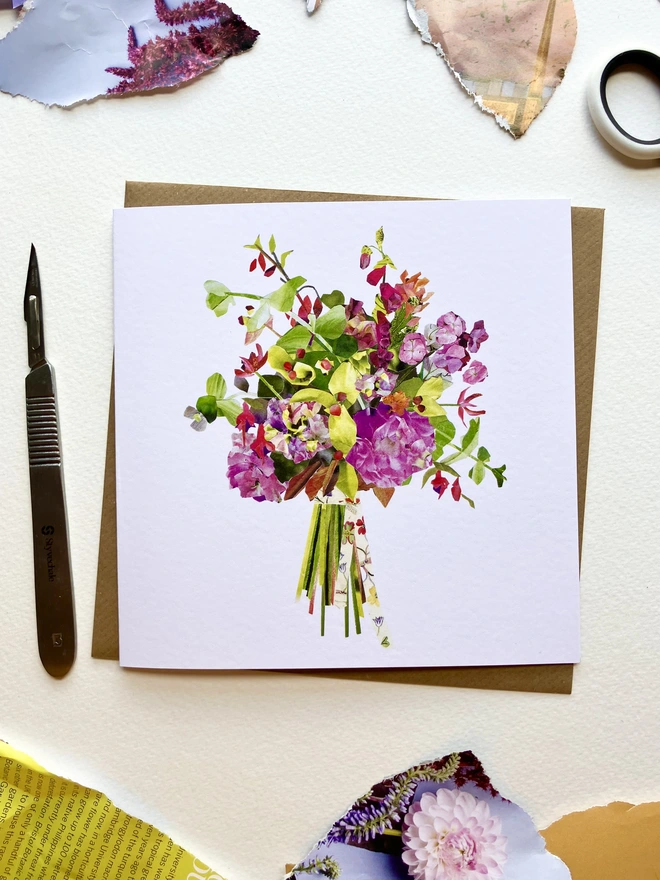 hydrangea bloom card with collage materials 