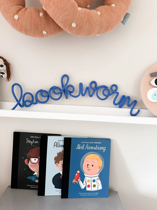 bookworm knitted wire word sign for kids reading area or childrens library 