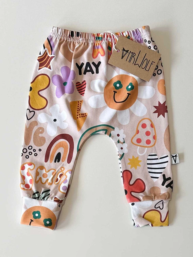 hippy print, retro, 70's style, colourful print leggings, baby leggings, baby & toddler leggings, toddler leggings, fun print leggings, baby clothes, kids clothes