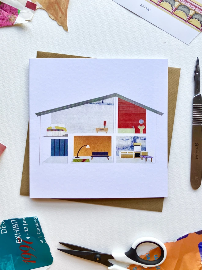 Mid-Century Dolls' House card with collage materials