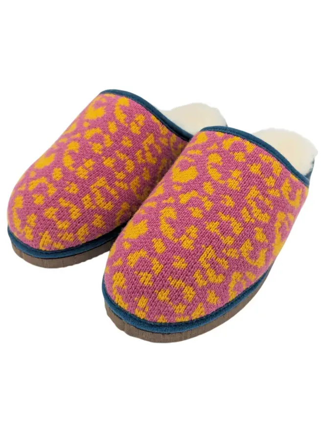 Women's Lambswool & Sheepskin Slippers, a pair of colourful slippers sitting on a white plain surface. 