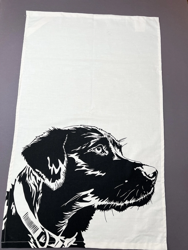 Full image of Labrador dog tea towel with the Labrador head printed in the bottom half