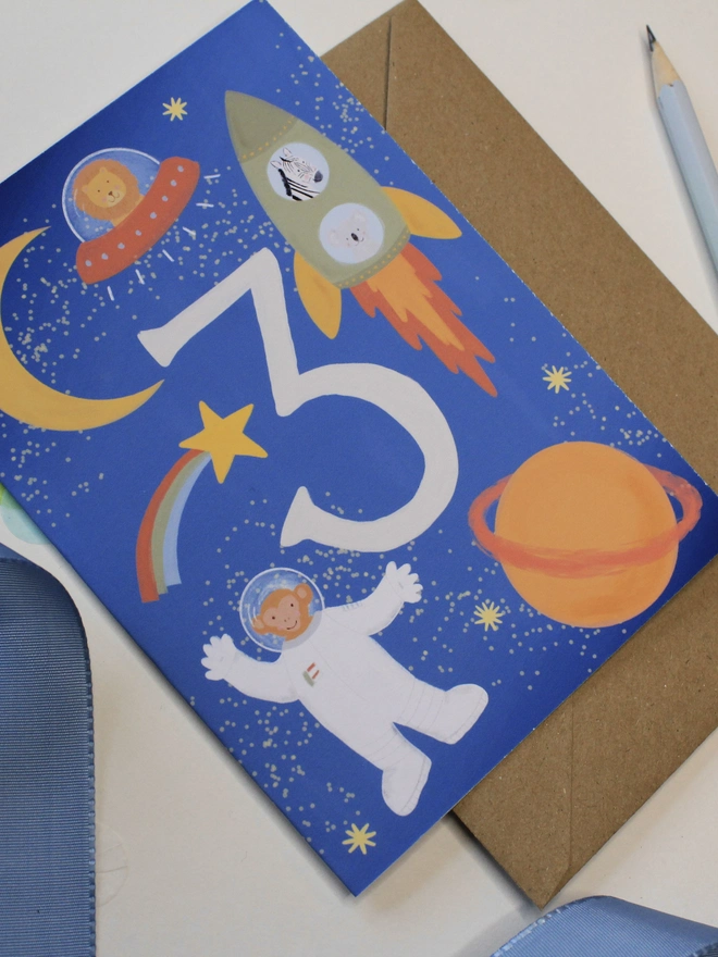 boys blue 3rd birthday card with animal  space rocket illustration