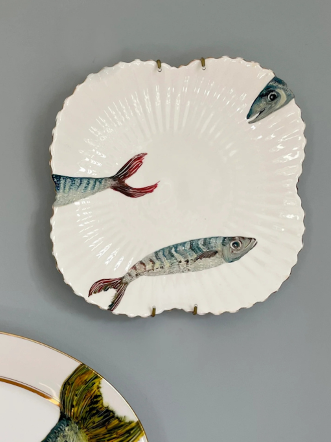 Three Mackerel Fish Painted On A Vintage Plate