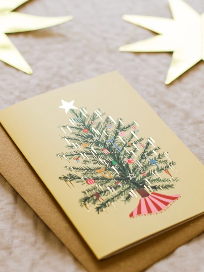 butter yellow retro christmas tree card