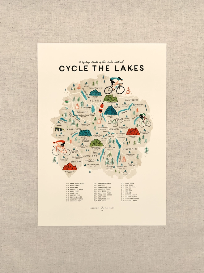 Cycle the Lakes map print, unframed, against a neutral background