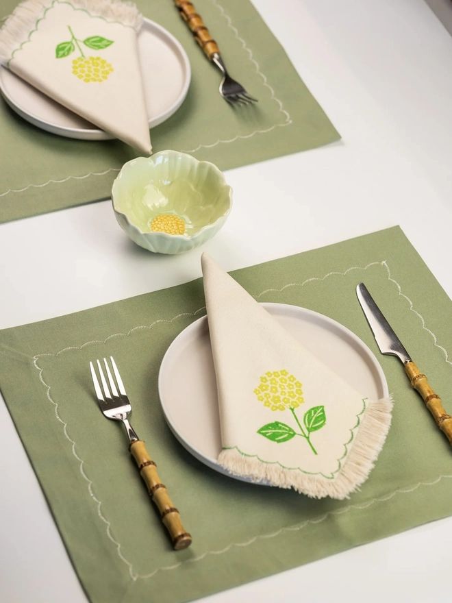 Block Printed Fringed Napkins Hydrangea (Set Of 2)