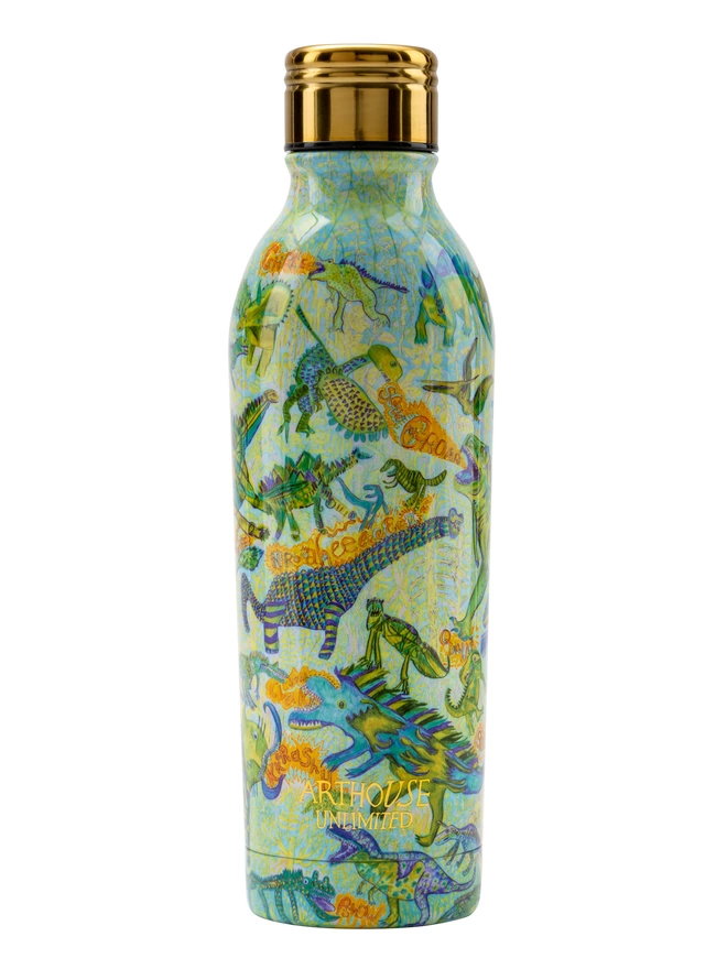 Close up of dinosaurs sustainable insulated charity water bottle in blue & yellow dino illustrations