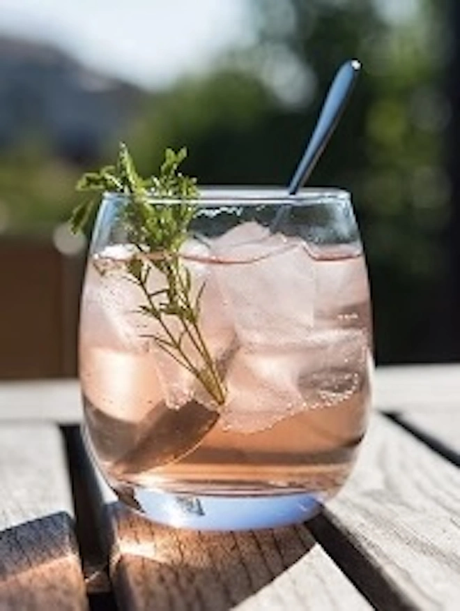 Elderflower & Rhubarb Cordial (Set Of 1, 2, 3 Or 4), a glass or cordial sitting on a wooden surface next to the elderflower plant. 