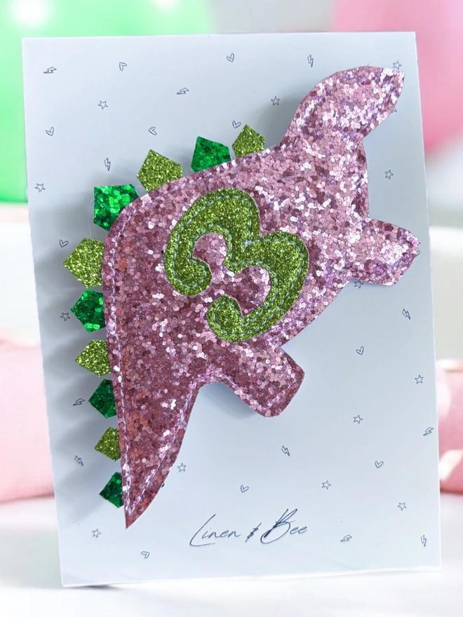 Personalised pink dinosaur glitter birthday badge 