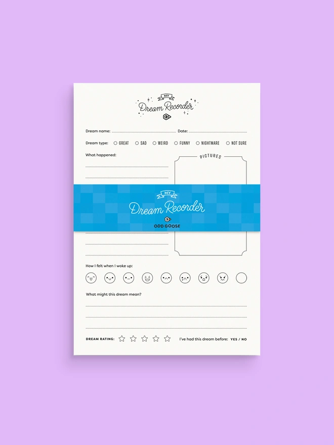 Odd Goose Dream Recorder Creative Journal Notepad with printed paper wrap seen top down on purple colour background