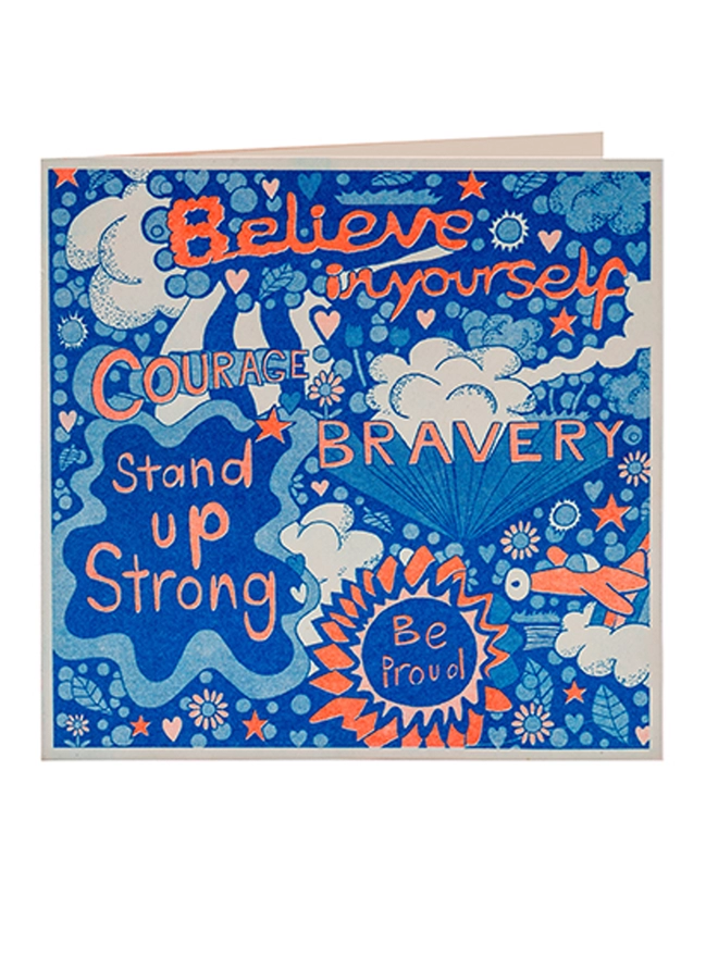 A close up of a  riso printed card called Believe In Yourself with positive affirmations 