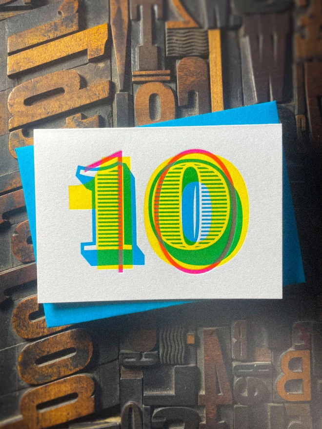 10th birthday anniversary typographic letterpress card. Deep impression print. Unique with no print being the same. They show slight colour variations adding to the style. Also available in other milestones : 1, 2, 3, 18, 21, 30, 40, 50, 60, 70, 80.