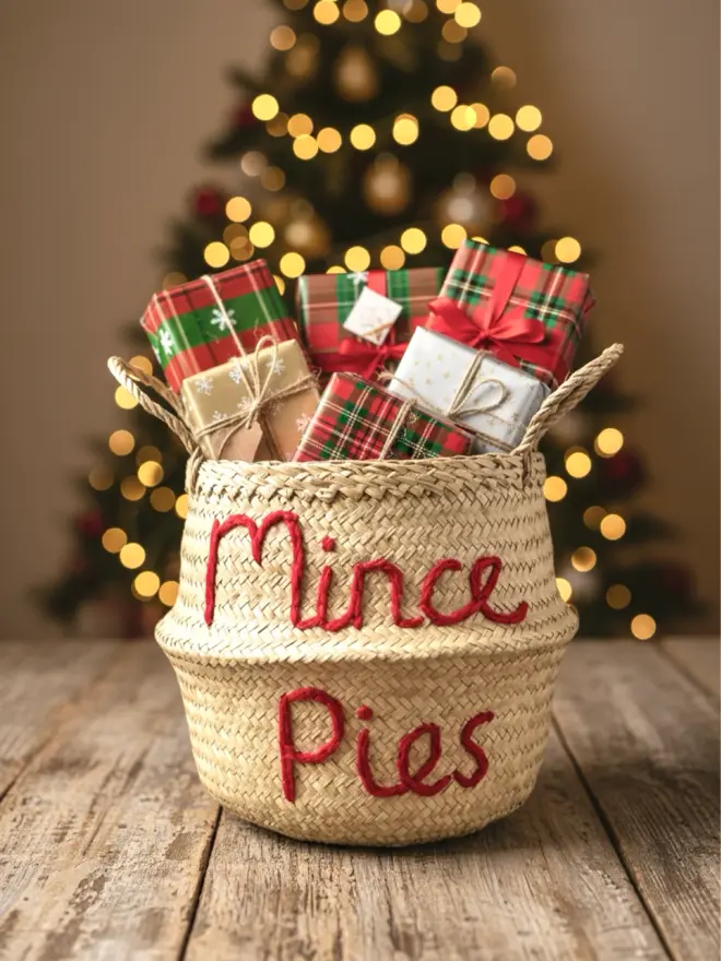 'Mince Pie' Belly Basket with Red Embroidery on a wooden table