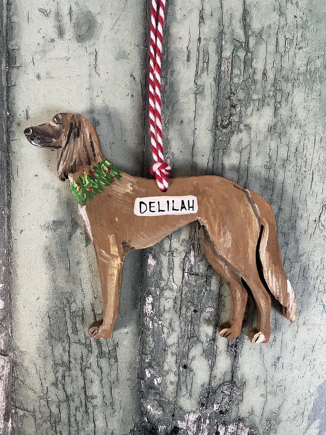 Brown Saluki Dog Christmas Tree Portrait Decoration with red and white twine to hang