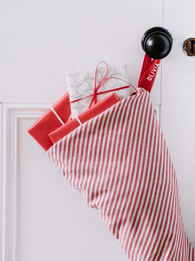 Red and white stripe christmas stocking