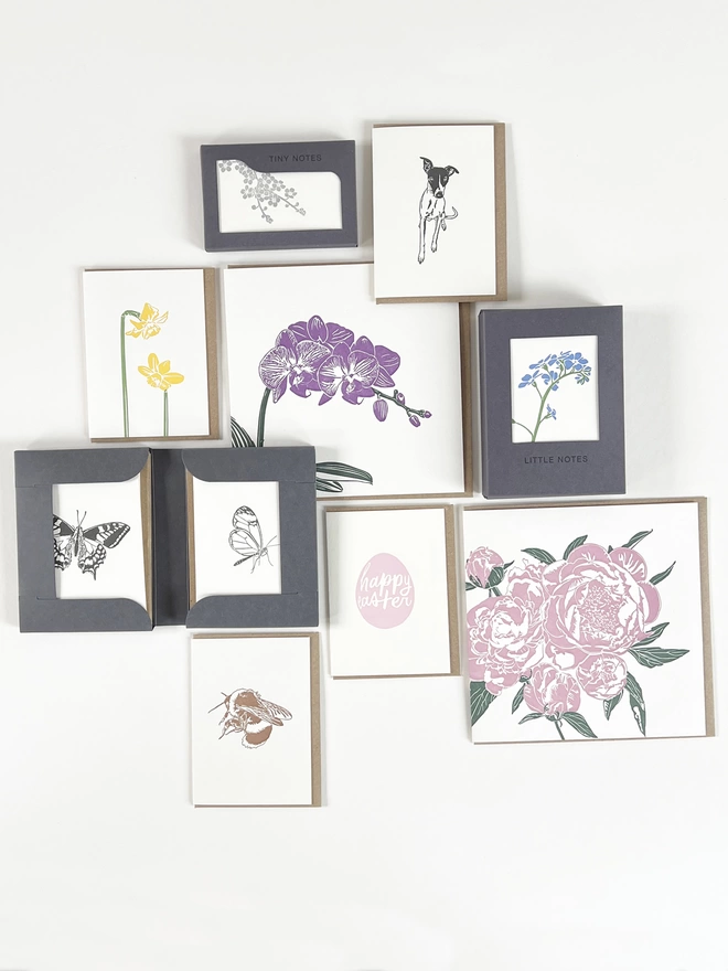 Image showing the different sizes of letterpress cards we have to offer including gift boxes, all UK made