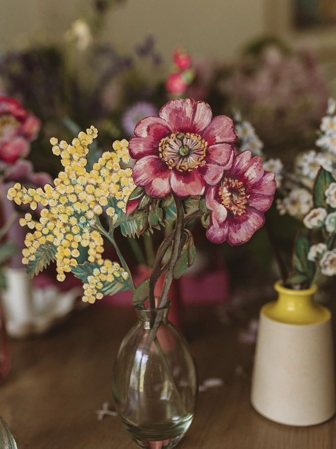 Wooden Mimosa Stem in a vase, set amongst a selection of wooden and fresh flowers
