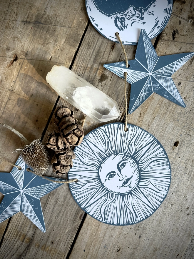 Mystical Moon, Stars & Sun Hand Printed Linocut Garland