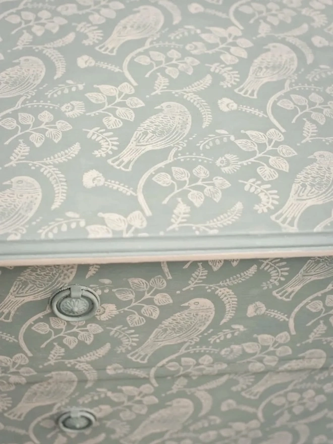 Tuvi Patterned Paint Roller, a cabinet with a light green and white floral pattern painted on it. 