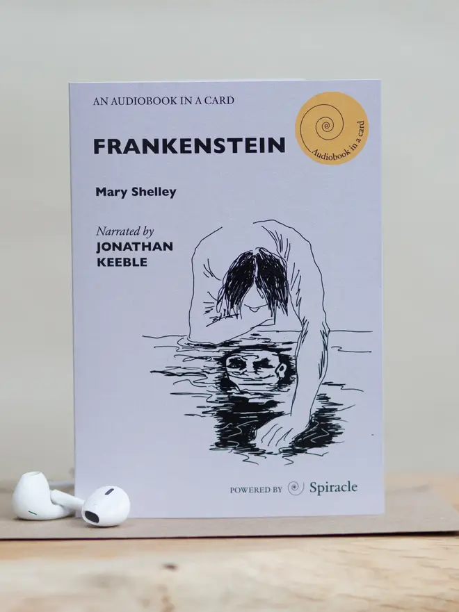Frankenstein By Mary Shelley Audiobook In A Card, against a white background. 