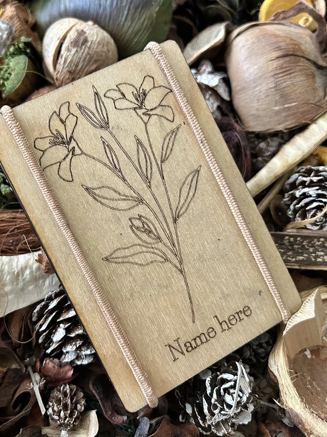 Front of flower press showing position for name