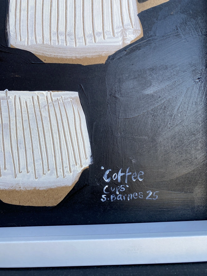 Painting of coffee cups, naive art, scandi art, monochrome folk art by Samantha Barnes