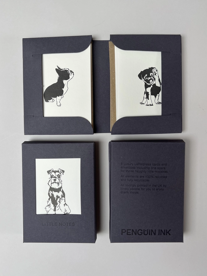 Open and closed Town dogs gift boxes for little notes allowing you to see three of the four designs in one box