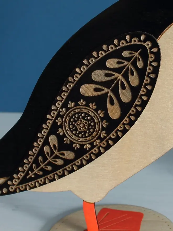 Standing Wooden Atlantic Puffin, wooden bird decoration standing on a platform. 