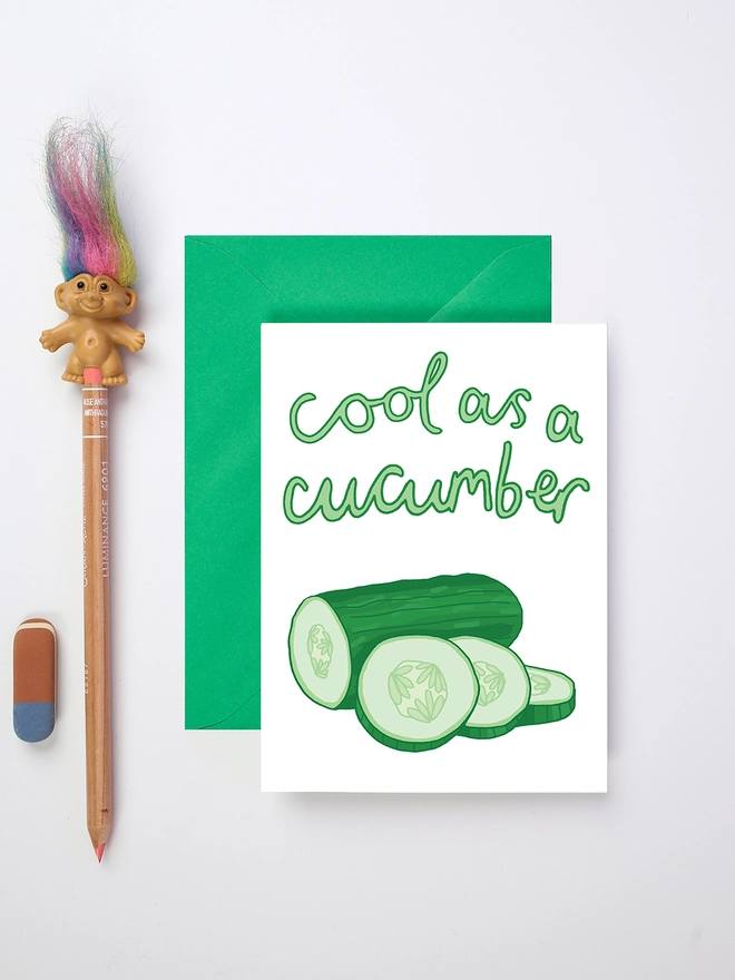 A quirky birthday card featuring a cucumber