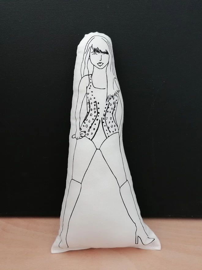 Black and white screen printed fabric doll of Taylor Swift