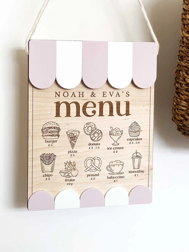 Wooden kitchen personalised menu sign. A menu sign in dusty pink.