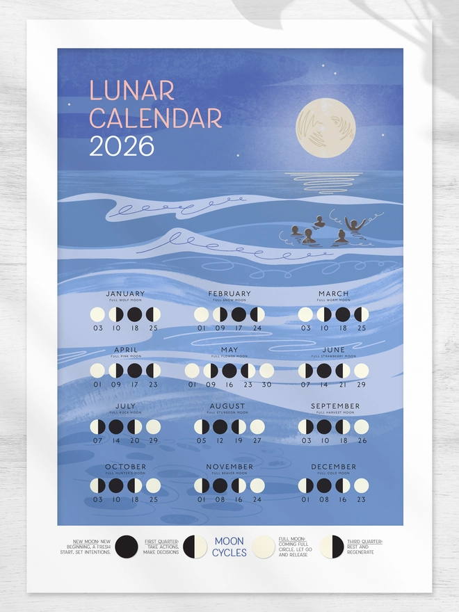 Lunar calendar 2026 - moon cycles poster print - wild swimming gift