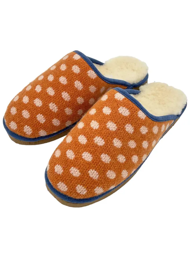 Women's Lambswool & Sheepskin Slippers, a pair of colourful slippers sitting on a white plain surface. 