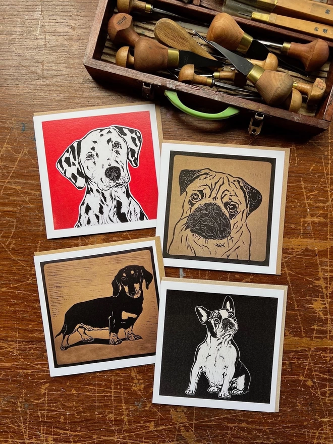 four dog cards Dalmatian, pug, finch bull dog and dachshund
