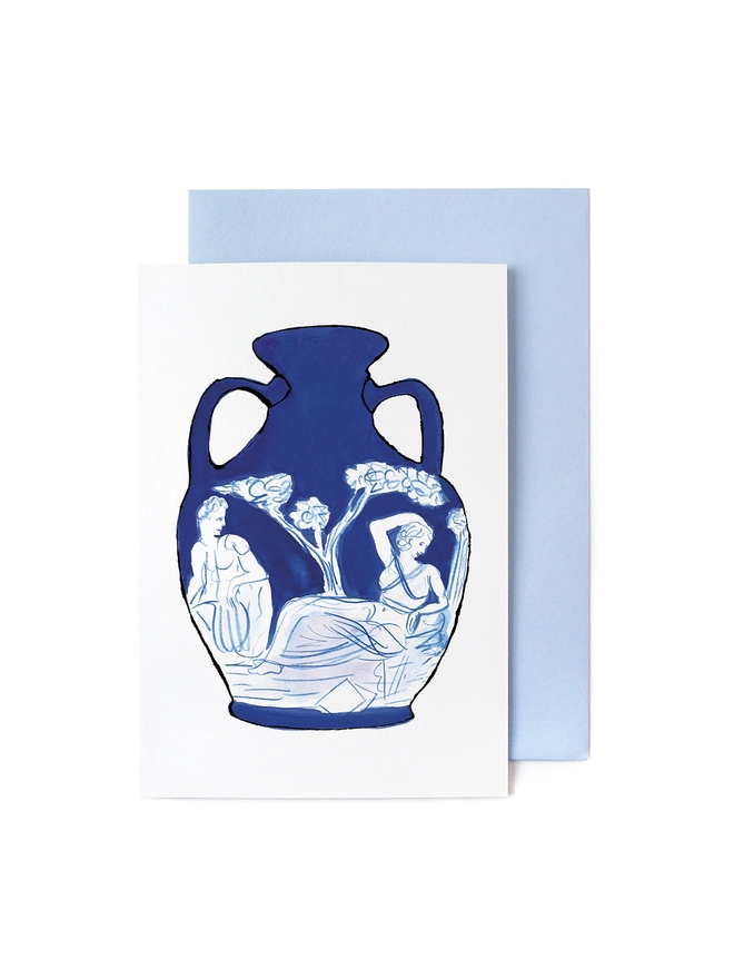 Greeting card featuring a pen and ink illustration of a Wedgwood blue and white Jasperware ceramic famous Portland vase.