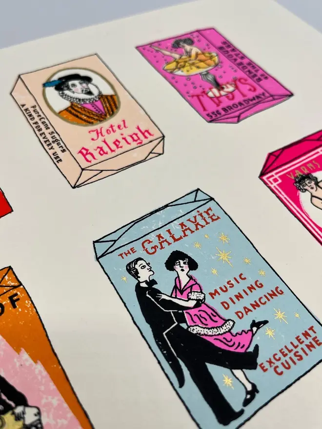 Sugar Cubes Screenprint The Sugar Babes, a white screenprint with colourful designs in the centre. 