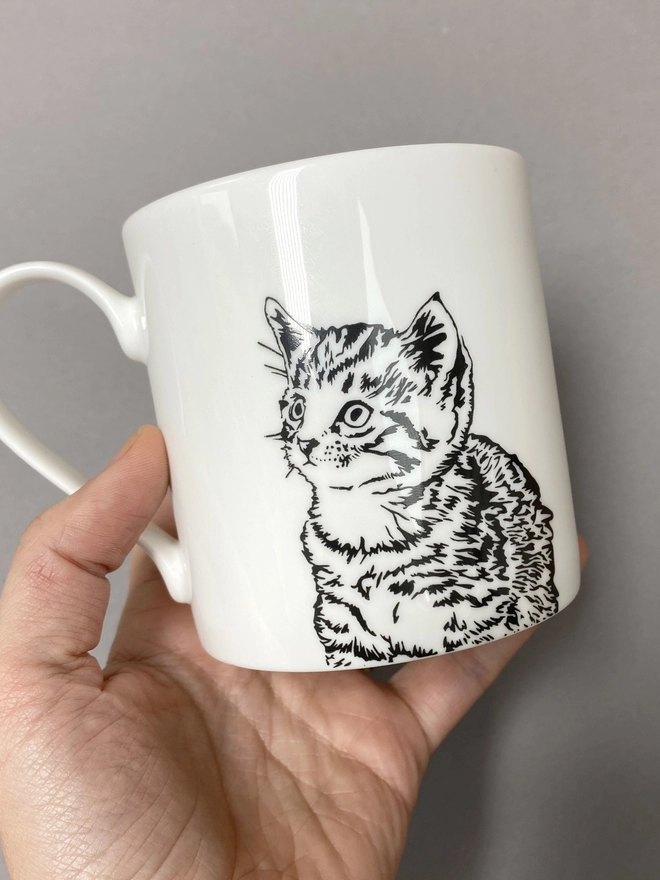 Back of the pussycat mug with a cute little tabby cat 'Maud' on it