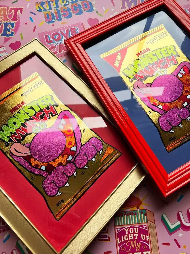 Monster Munch Roast Beef Print, a colourful monster munch print sitting on a decorated backdrop. 