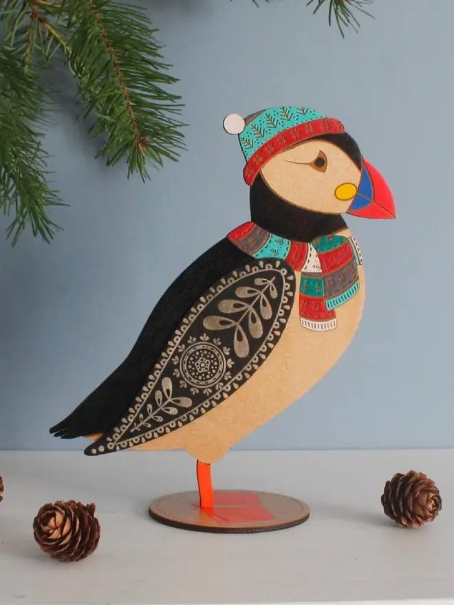 Festive Christmas Hand Painted Wooden Standing Puffin Bird Decoration
